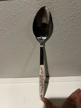 MID CENTURY MCM Lg Utensil Slotted Flat Spoon Stainless Japan Floral 12” Brown